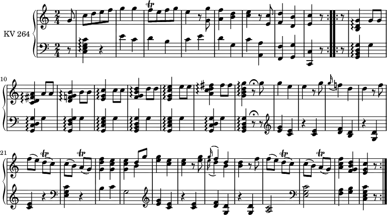 
\version "2.18.2"
\header {
  tagline = ##f
}
upper = \relative c'' { 
        \version "2.18.2"
         \clef "treble"          
         \key c \major
         \time 2/4 
         \tempo 4 = 120                 
         \set Staff.midiInstrument = #"piano"

  \repeat volta 2 {
   \partial 8 g8 c [d e f ]
   g4 g
   f8\trill [e f g]
   e4 r8 <g, g'>8
   <a f'>4 < b d>
   <c e> r8 <e, c'>8
   <f d'>4 <d b'> <e c'> r8
          }
  \repeat volta 2 { 
    r8
    <b d g>4 \arpeggio  g'8 g
    <c, d fis a>4 \arpeggio  a'8 a
    <d, f! g b>4 \arpeggio  b'8 b
    <e, g c>4 \arpeggio  c'8 c 
    <f, g b d>4 \arpeggio  d'8 d
    <e, g c e>4 \arpeggio  e'8 e
    <a, c d fis>4 \arpeggio  fis'8 fis
    <g, b d g>4 \arpeggio r8\fermata g'
    g4 e
    e r8 g
   \grace g16  (f!4) d
    d r8 f
    f (e) d\trill (c)
    c (b) a\trill (g)
   <g  d' f>4 <g c e>
   <g c e> <<{d'8 g} \\ {b,4}>>
   <e g>4 <c e>
   <c e> r8 <e g>8
   <<{\grace g16 (f4) d} \\ {\grace  e16 ( d4) b}>>
   <b d> r8 f'
   f (e) d\trill  (c)
   c (b) a\trill  (g)
   <a c f>4  <f g b d>
   <e g c> r8
       }
}

lower = \relative c {
        \clef "bass" 
        \key c \major
        \time 2/4 
        \set Staff.midiInstrument = #"piano"
  
  \repeat volta 2 { 
     r8
     <c e g c>4 \arpeggio r4
   e' c d b c e d g, c <a, a'> <f f'> <g g'> <c, c'> r8
  } 
  \repeat volta 2 {
     r8 
     <g' b d g>4 \arpeggio g'
     <g, c d g> \arpeggio g'
     <g, d' f g>4 \arpeggio g'
     <g, c e g>4 \arpeggio g'
     <g, b d g>4 \arpeggio g'
     <g, c e g>4 \arpeggio g'
     <g, c d g>4 \arpeggio g'
     <g, b d g>4 \arpeggio r8\fermata r8 \clef "treble"
     <e'' g>4 <c e>
     r <c e>
     <d f> <b d>
     r <g d'>
     <c e> r \clef "bass"
     <e, g c> r
     b' c
     g2 \clef "treble"
     <e' g>4 <c e>
     r <c e>
     <d f> <g, d'>
     r <g d'>
     <a c >2 \clef "bass"
     <e g c>2
     <f a>4 <g b>
     <c, e g c> r8
  }   
}

\score {
  \new PianoStaff <<
    \set PianoStaff.instrumentName = #"KV 264"
    \new Staff = "upper" \upper
    \new Staff = "lower" \lower
  >>
  \layout {
    \context {
      \Score
      \remove "Metronome_mark_engraver"
    }
  }
  \midi { }
}
