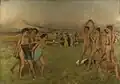 Photographie en couleurs d'un tableau de facture impressionniste représentant un groupe de jeunes femmes spartiates mi-nues, face à un groupe de jeunes garçons nus, à l'exercice, en extérieur.