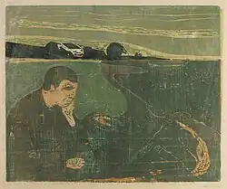 Edvard Munch, Soir. Mélancolie I, gravure sur bois, 1896 (37,2&nbsp;×&nbsp;45,2&nbsp;cm).