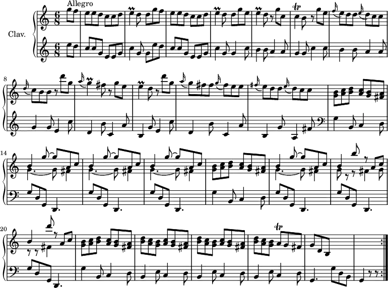 \version "2.18.2"
\header {
tagline = ##f
}
%% les petites notes
trillE = { \tag #'print { e4\prall } \tag #'midi { f16 e f e } }
trillEfis = { \tag #'print { e4\prall } \tag #'midi { fis16 e fis e } }
trillC = { \tag #'print { c4\trill } \tag #'midi { d16 c d c } }
trillG = { \tag #'print { g4\prall } \tag #'midi { a16 g a g } }
trillAq = { \tag #'print { a8\trill } \tag #'midi { \times 2/3 { a16 b a } } }
upper = \relative c'' {
\clef treble
\key c \major
\time 6/8
\tempo 4. = 105
\set Staff.midiInstrument = #"harpsichord"
\partial 4
s8*0^\markup{Allegro} %
\repeat unfold 2 { g'8 f e e d c c d | \trillE d8 d } g e |
% ms. 5
\trillE d8 r8 g8 c, \trillC b8 r8 g'8 e | \appoggiatura f16 e8 d d \appoggiatura e16 d8 c c | \appoggiatura d16 c8 b b r8 d'8 g, \appoggiatura a16 \trillG fis8 r8 g8 e |
% ms. 10
\trillEfis d8 r8 d'8 g, | \appoggiatura a16 g8 fis fis \appoggiatura g16 fis8 e e | \appoggiatura fis16 e8 d d \appoggiatura e16 d8 c c | < g b >8 < a c > < b d > < a c > < g b > < fis a > | \repeat unfold 3 { << { b4 g'8~ g a, c } \\ { g4.~ g8 fis4 } >> } | < g b >8 < a c > < b d > < a c > < g b > < fis a > | << { b4 g'8~ g a, c } \\ { g4.~ g8 fis4 } >> | << { b4 b'8 r8 a, c | b4 d'8 r8 a, c } \\ { \repeat unfold 2 { g8 r8 r8 fis4 } } >> | < g b >8 < a c > < b d > < a c > < g b > < fis a > |
% ms. 22
\repeat unfold 2 { < b d >8 < a c > < g b > < a c > < g b > < fis a > } | \tempo 4. = 100 < b d >8 < a c > < g b > \trillAq g8 fis | g d b | s4. | s4. s8
}
lower = \relative c' {
\clef bass
\key c \major
\time 6/8
\set Staff.midiInstrument = #"harpsichord"
% **************************************
\clef treble e'8 d | c c g e e g | c4 g8 g e' d | c c g e e g | c4 g8 g 4 c8 |
% ms. 5
b4 b8 a4 a8 | g4 g8 c4 c8 | b4 b8 a4 a8 | g4 g8 e4 c'8 | d,4 b'8 c,4 a'8 |
% ms. 10
b,4 g'8 e4 c'8 | d,4 b'8 c,4 a'8 | b,4 g'8 a,4 fis'8 | \clef bass \repeat unfold 2 { g,4 b,8 c4 d8 |
% ms. 14
\repeat unfold 3 { g8 d g, d4. } } | g'4 b,8 c4 d8 |
% ms. 22
\repeat unfold 3 { b4 e8 c4 d8 } g,4. g'8 d b | \tempo 4. = 80 g4 r8 r8 \bar ":|."
}
thePianoStaff = \new PianoStaff <<
\set PianoStaff.instrumentName = #"Clav."
\new Staff = "upper" \upper
\new Staff = "lower" \lower
>>
\score {
\keepWithTag #'print \thePianoStaff
\layout {
#(layout-set-staff-size 17)
\context {
\Score
\override SpacingSpanner.common-shortest-duration = #(ly:make-moment 1/2)
\remove "Metronome_mark_engraver"
}
}
}
\score {
\keepWithTag #'midi \thePianoStaff
\midi { }
}