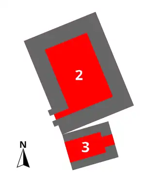 Schéma des vestiges du donjon lors des fouilles de 1896 2. donjon ; 3. bâtiment adjacent.