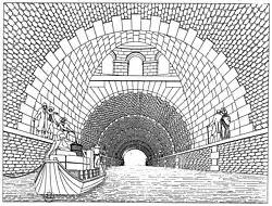 Voûte supportant la fontaine au-dessus du canal (Louis Bruyère, 1828[18]).