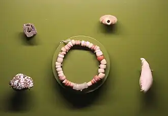 Collier en perles de pierre et de coquillage, pendentifs en os, turquoise et coquillage, Abu Hureyra. Ashmolean Museum.