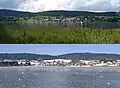 Vue du village depuis la rive droite du Lac de Saint-Point en été et en hiver.