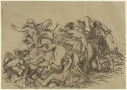 Groupe de femme se battant à cheval, armées d'arcs.