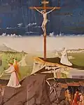 Un Chartreux priant au pied de la Croix, détail du Couronnement de la Vierge d'Enguerrand Quarton (1453-1454)