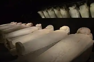 Black and white image of a dark stone coffin viewed laterally, the coffin lies on the ground, the trough and lid are separated with wedges.
