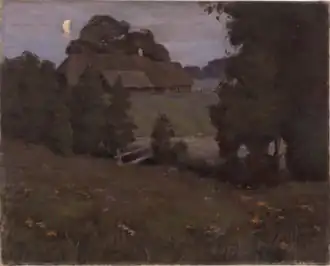 Ludvig Oskar (1874—1951), Paysage avec ferme et lune, vers 1930. Toile, huile.