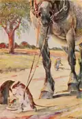 Illustration par Bransom de Monsieur Rat et Monsieur Taupe s'occupant de la roulotte. La légende dit : « «Allons-y !» dit-il. «Nous n'aurons pas d'autre choix que de le faire à pied.» ».