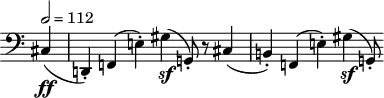 
\header {
  tagline = ##f
}

\score {
  \new Staff \with {
    \remove "Time_signature_engraver"
  }
<<
  \relative c {
    \clef bass
    \key c \major
    \time 3/2
    \tempo 2 = 112
    % \set Score.currentBarNumber = #5
    \override TupletBracket #'bracket-visibility = ##f 
    \autoBeamOff

     %%%%%%%% Hexacordes
    \partial 4 cis4\ff( | d,!-.) f!( e'!-.) gis\sf( g,!8-.) r8 cis4( | b!-.) f!( e'!-.) gis\sf( g,!8-.)

  }

>>
  \layout {
    \context {
      \remove "Metronome_mark_engraver"
    }
  }
  \midi {}
}
