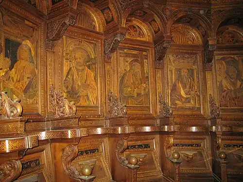 Détail du chœur Renaissance en bois : les stalles canoniales, 1486-1497.