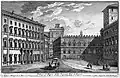 Vue de Giuseppe Vasi (1761) représentant la Piazza Venezia de l'époque. En face, le Palazzetto Venezia dans sa position d'origine, à gauche se trouve le Palazzo Bolognetti-Torlonia démoli: en arrière-plan, la Tour de Paolo III également démolie.