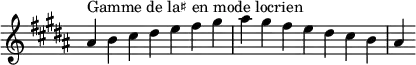  {
\override Score.TimeSignature #'stencil = ##f
\relative c'' {
  \key ais \locrian
  \clef treble \time 7/4
  ais4^\markup { Gamme de la♯ en mode locrien } b cis dis e fis gis ais gis fis e dis cis b ais
} }
