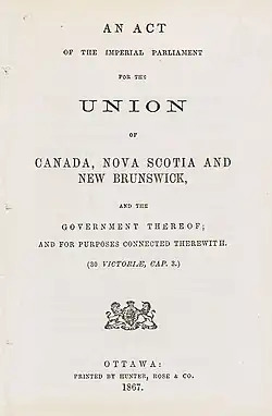 Photographie de la page couverture de l'Acte de l'Amérique du Nord britannique de 1867.