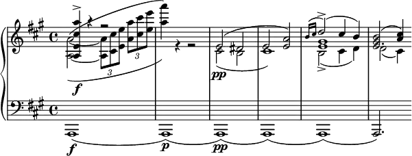 \new PianoStaff <<
\new Staff = "r" <<
\clef "violin"
\key a \major
\new Voice {
\voiceOne
\relative {
< a e' cis' a' >4\f\accent r r2
s1
e'2( dis
e2 < e a >)
<< { \grace { b'16( cis } d2\accent )( cis4 b) } \\ gis1 e >>
<< e2. { <gis b>2( <a cis>4) } >>
}
}
\new Voice {
\voiceTwo
\relative {
<a~ a'~>2^(_( \tuplet 3/2 { <a a'>8 <cis cis'> <e e'> } \tuplet 3/2 { < a a'> <cis cis'> <e e'> }
<a a'>4)) r r2
cis,,2\pp( b
cis1)
b2\accent( cis4 d)
d2( cis4)
}
}
>>
\new Staff = "l" <<
\clef "bass"
\key a \major
\new Voice {
\relative { a,,1\f( a\p)( a\pp) ( a) ( a) ( a2.) }
}
>>
>>