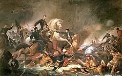 Peinture en couleurs. Bataille terrestre dans un plan d'eau constituée de peu de soldats. Les généraux à cheval se battent entre eux au centre de la scène (plus éclairé que le reste du tableau), tandis qu'on voit le feu d'un canon en bas à droite, un mourant pris en charge par un prêtre en bas à gauche et un arrière-plan totalement opacisé par une fumée sombre.