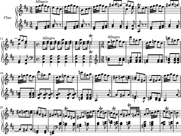 
\version "2.18.2"
\header {
  tagline = ##f
  % composer = "Domenico Scarlatti"
  % opus = "K. 122"
  % meter = "Allegro"
}

%% les petites notes
trillEq      = { \tag #'print { e8\trill } \tag #'midi { fis32 e fis e } }
trillCisEb   = { \tag #'print { << { e2\trill } \\ { cis2\trill } >> } \tag #'midi { << { fis32 e fis e fis e~ e16~ e4 } \\ { d32 cis d cis d cis~ cis16~   \tempo 4. = 35 cis4   \tempo 4. = 70 } >> } }
trillFq      = { \tag #'print { f8\trill } \tag #'midi { g32 f g f } }
trillDq      = { \tag #'print { d8\trill } \tag #'midi { e32 d e d } }
trillBq      = { \tag #'print { b8\trill } \tag #'midi { c32 b c b } }
trillAqqp    = { \tag #'print { a16.\trill } \tag #'midi { \times 2/3 { a32 b a~ } a } }

upper = \relative c'' {
  \clef treble 
  \key d \major
  \time 3/8
  \tempo 4. = 70
  \set Staff.midiInstrument = #"harpsichord"
  \override TupletBracket.bracket-visibility = ##f

      s8*0^\markup{Allegro}
      fis32 g a16 g8[ fis] | e d cis | fis32 g a16 g8 fis | b, cis d | fis32 g a16 g8[ fis] |
      % ms. 6
      << { ais b a~ | a g fis } \\ { s4. | cis4 d8 } >> | \trillEq d8   \tempo 4. = 30 e   \tempo 4. = 70 | fis32 g a16 g8[ fis] | << { ais b a~ | a g fis } \\ { s4. | cis4   \tempo 4. = 30 d8   \tempo 4. = 70 } >>  \bar "||"  \time 4/4 s8*0^\markup{Allegro}
      % ms. 12
      \repeat unfold 2 { < cis e >8. < d fis >16 } \repeat unfold 2 { < cis e >8. < d a' >16  < cis e >8. < d fis >16 } \trillCisEb  |  \bar "||" \time 3/8 s8*0^\markup{Allegro} \repeat unfold 2 { e32 f g16 f8[ e] |
      % ms. 19
      d'8 gis, a | d,32 e f16 e8[ d] | c'8 gis a } | fis32 g a16 g8[ fis] | dis < d e > < c e > | < bes d > a gis | a gis a |
      % ms. 26
      fis'32 g a16 g8[ fis] | dis < d e > < c e > | < bes d > a gis | gis a g | \trillFq e8 dis | dis[ e] c'32 d e16 | e8 \trillDq c8 |
      % ms. 33
      c \trillBq a8 | a[ gis] \trillAqqp g64 a | a8[ b] c32 d e16 | e8 \trillDq c8 | c
      % ms. 40
      

}

lower = \relative c' {
  \clef bass
  \key d \major
  \time 3/8
  \set Staff.midiInstrument = #"harpsichord"
  \override TupletBracket.bracket-visibility = ##f

    % ************************************** \appoggiatura a16  \repeat unfold 2 {  } \times 2/3 { }   \omit TupletNumber 
        \clef treble \repeat unfold 2 { < d fis >8 < e g > < fis a > | < g b > r8 r8 } | < d fis >8 < e g > < fis a > | < g b >4 < fis a >8 |
      % ms. 7
      < e g >4 < d a' >8 | < a a' >8 r8 r8 | < d fis >8 < e g > < fis a > | < g b >4 < fis a >8 | < e g >4 < d a' >8 |   \clef bass \time 4/4
      % ms. 12
      \repeat unfold 6 { < a, e' a >4 } q2 | \clef treble   \time 3/8 < a'' c >8 q q | < f a d > q q | < f a > q q | < e a c > q q | q q q |
      % ms. 19
      < d a' b >8 q q | q q q | < c e a > q q | a4 a'8~ | a gis a | << { f4. } \\ { d4 d8 } >> | < c e > < b d > < a c >
      % ms. 26
      a4 a'8~ | a gis a | < d, f >4 q8 | < c e >4   \clef bass < b d >8 | < a c >4 q8 | < gis b >4 < a c >8 | < b d >4 < c e >8
      % ms. 33
      < d f >4 < c e >8 | < b d >4 < c e >8 | < gis b e >4 < a c e >8 | < b d e >4 < c e >8 | d4
      % ms. 40
      

}

thePianoStaff = \new PianoStaff <<
    \set PianoStaff.instrumentName = #"Clav."
    \new Staff = "upper" \upper
    \new Staff = "lower" \lower
  >>

\score {
  \keepWithTag #'print \thePianoStaff
  \layout {
      #(layout-set-staff-size 17)
    \context {
      \Score
     \override SpacingSpanner.common-shortest-duration = #(ly:make-moment 1/2)
      \remove "Metronome_mark_engraver"
    }
  }
}

\score {
  \keepWithTag #'midi \thePianoStaff
  \midi { }
}
