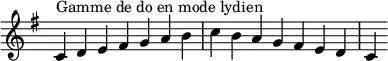 {
\override Score.TimeSignature #'stencil = ##f
\relative c' {
\key c \lydian
\clef treble \time 7/4
c4^\markup { Gamme de do en mode lydien } d e fis g a b c b a g fis e d c
} }