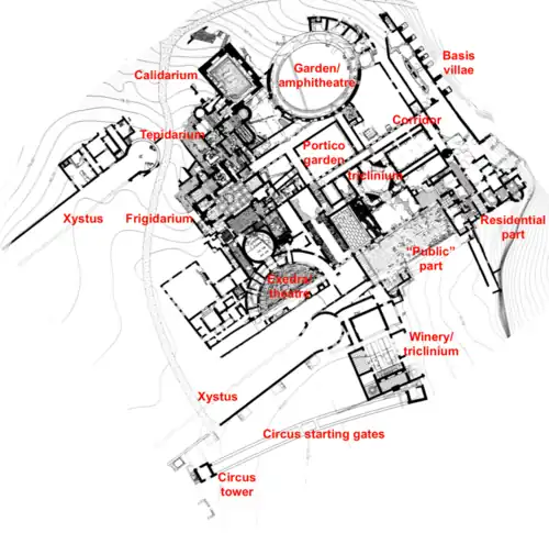 Zone principale de la villa des Quintilii, avec ses annexes (nord en haut de l'image).