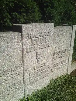 Trois pierres tombales rectangulaires verticales en granite accolées et dressées sur une pelouse, sur celle du milieu sont inscrits les nom, dates, grades et décorations de Rudel.