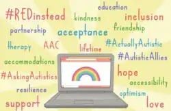 Montage coloré de mots avec un arc-en-ciel.