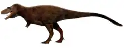 Dessin représentant une reconstitution de Gorgosaurus, l'animal a des poils bruns sur tout le corps.