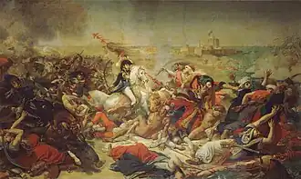 Peinture en couleurs plus vives. Trois groupes de soldats se distinguent, et sont plus proches du premier plan : à gauche, la bataille fait rage dans des couleurs très sombres ; au centre, un cavalier, calme sur son cheval blanc et épée à la main, domine la scène ; à droite, ses ennemis sont en fuite.