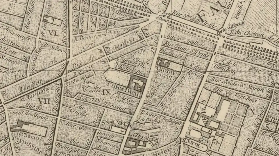Emplacement de l'hôpital de la Trinité en bas.