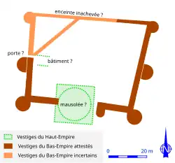 Dessin en couleurs du plan au sol d'une construction antique.