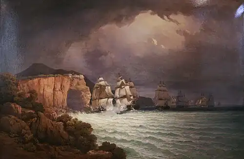 Combat du Romulus, exposé au Musée national de la Marine de Toulon, médaille de 2e&nbsp;classe au salon de Paris de 1848.