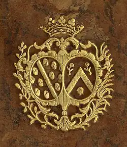 Reliure armoriée: à droite les armes de M. de Moras: de gueules, semé de cailloux d'or à la bande d'argent