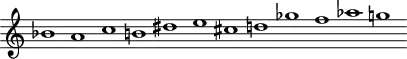 
\version "2.18.2"
\header {
  tagline = ##f
}

\score {
  \new Staff \with {
   \remove "Time_signature_engraver"

  }
<<
  \relative c'' {
    \key c \major
    \time 32/1
    \tempo 1 = 80
    \override TupletBracket #'bracket-visibility = ##f 

     %%%% Webern, série
     bes1 a c b  dis e cis d! ges f aes g!

  }
>>
  \layout {
     \context { \Score \remove "Metronome_mark_engraver" 
      \override SpacingSpanner.common-shortest-duration = #(ly:make-moment 1/2)
}
  }
  \midi {}
}
