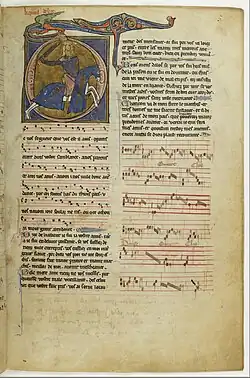 Manuscrit avec lettre O illustrée d'un cavalier armé, texte en 2 colonnes, portée à 4 lignes à gauche et 5 à droite