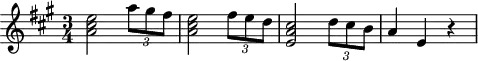 
\header {
  tagline = ##f
}

\score {
  \new Staff \with {

  }
<<
  \relative c'' {
    \key a \major
    \time 3/4
    \override TupletBracket #'bracket-visibility = ##f 
    %\autoBeamOff

     %%%%%%%%%%%%%%%%%%%%%%%%%% K15i
     < e cis a >2 \times 2/3 { a8 gis fis } < e cis a >2 \times 2/3 { fis8 e d } < cis a e >2 \times 2/3 { d8 cis b } a4 e r4

  }
>>
  \layout {
    \context {
      \remove "Metronome_mark_engraver"
    }
  }
  \midi {}
}
