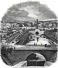 Vue à partir du bassin de l'Arsenal, en 1845. La colonne coexiste encore avec l'éléphant, dont on aperçoit la croupe au sud-est de la place, à droite du nouveau corps de garde, au-dessus de l'emplacement actuel des quais du métro.