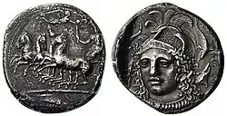 Tétradrachme de Syracuse avec le portrait d'Athéna (vers 400 av. J.-C.).