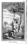 Frontispice de la première partie&nbsp;: Indien d'Amérique septentrionale. Coffre et objets symbolisant les richesses du Nouveau Monde. De Saint Aubin [dessin.] ; Le Capitaine Bossu, [aut. du texte]; C. Beurlier (graveur).