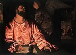 Portrait d'un homme écrivant et regardant un ange qui s'approche de lui.