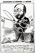 Dessin en noir et blanc montrant un homme qui découpe avec de grands ciseaux des feuilles sur lesquelles il est écrit La Timbale.