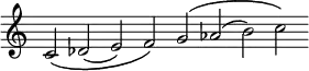 
\new Staff = "haut" \with {\remove "Time_signature_engraver"}{
\cadenzaOn
\relative c' {c2\( des( e) f\) g\( aes( b) c\)}
}

