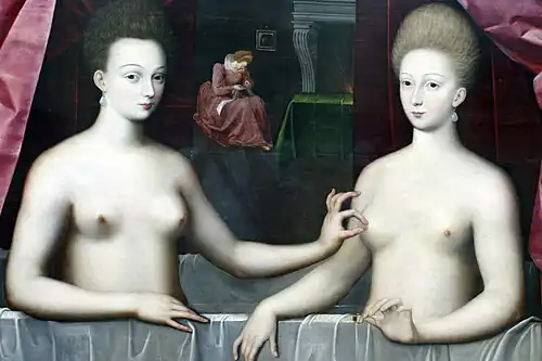 Portrait présumé de Gabrielle d'Estrées et de sa sœur la duchesse de Villars, anonyme (vers 1594, musée du Louvre).