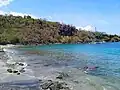 Plage de petite anse et pointe du Souffleur. La source chaude est détectable en bord de plage près de la côte de la pointe.