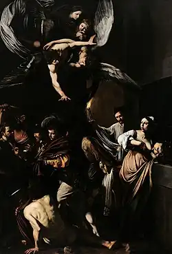 Peinture dans laquelle des anges, en haut, semblent bénir sept actions charitables simultanées réalisées sous leurs ailes par des êtres humains.