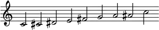 
\new Staff = "haut" \with {\remove "Time_signature_engraver"}{
\cadenzaOn
\relative c' {c2 cis dis e fis g a ais c}
}

