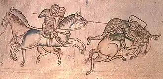 Cavalier de gauche au galop désarçonnant son adversaire et faisant chuter son cheval d'un coup de lance