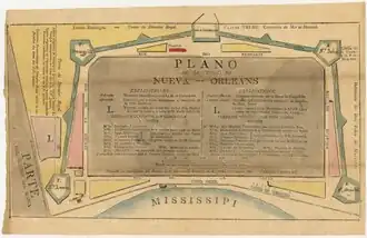Carte en espagnol de La Nouvelle-Orléans, le 6 août 1800, noter à l'Est, "Habitacion de Don Pedro de MARIGNY"