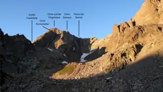 Vue de la cime Purtscheller, au sein du groupe de l'Argentera, depuis l'ouest.