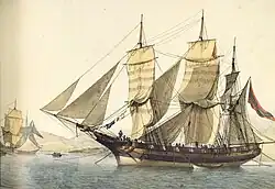 La polacre ottomane San Nicolo (par Antoine Roux). Il s'agit d'un trois-mâts carré à brigantine.