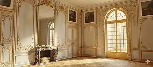 Schéma restituant le volume et la glace au-dessus de la cheminée de la salle à manger au temps de Mme de Pompadour.