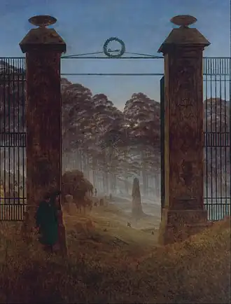 Peinture à l'huile d'un paysage de cimetière nocturne.